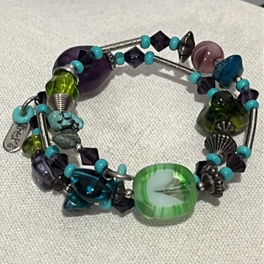 Treska Earthy Bohemian Mixed Media Glass Stone Wired Wrap Bracelet